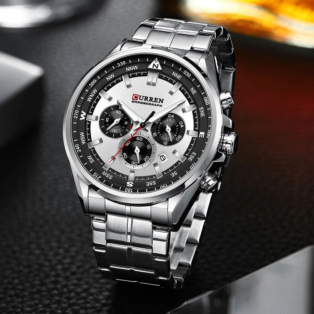 2021 CURREN Luksuzne marke satova za muškarce Svakodnevne Sportski ručni Kvarcni sat s remenom od nehrđajućeg čelika Kronograf Gospodo srebro Slika  4