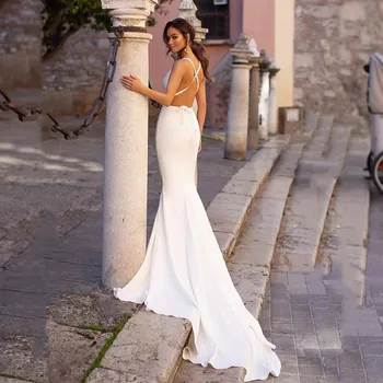 Seksi jednostavnu vjenčanicu Sirena s dubokim V-izrez Vjenčanje haljina s otvorenim leđima bez rukava Satiny bijela Haljina Večernja haljina 2021