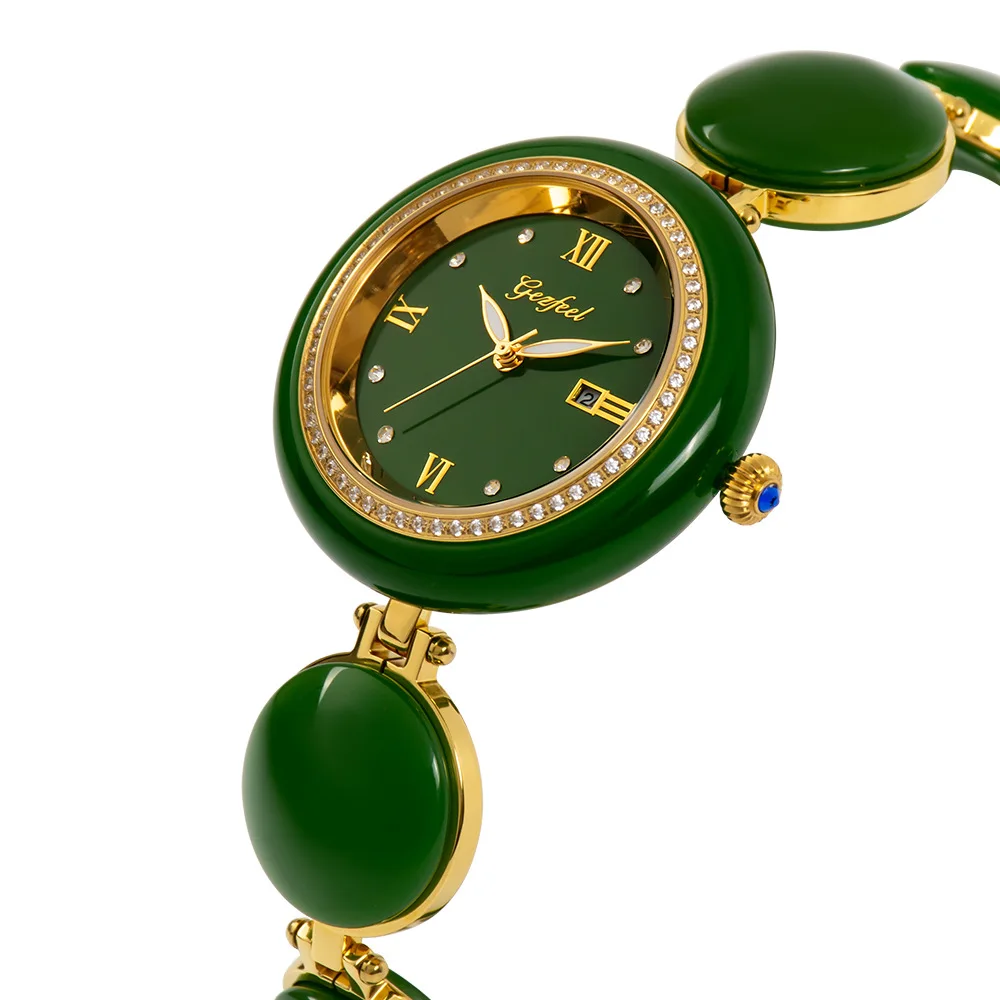 Ženske Žada Sat Automatski Kvarcni Satovi Lady Vodootporan Zeleni Remen Kožni Poklon Kutija Za Pakiranje Prikaz Kalendara Reloj De Jade Slika  5