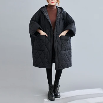 2021 Jesensko-zimski stil Književno donje slobodno monotone plahte kaput srednje duljine s dugim rukavima i debelim kapuljačom sa pamučnom postavom