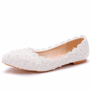Velike dimenzije Bijele čipke cipele ravnim cipelama s malim ustima Jednostruke cipele za žene Udoban trudnice Casual cipele i na ravne cipele za žene