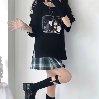 Gotička Kawai Grafički t-komade Za žene Japanska moda Slatka Mačka Crtani Majica Ljetna, korejska Harajuku Crna Vintage Casual top bijela