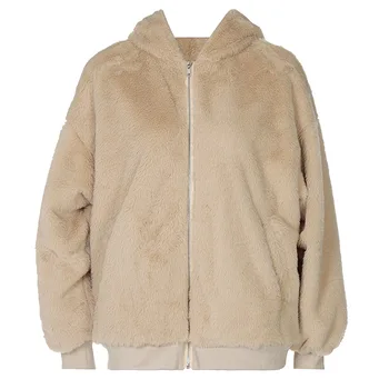 Čista boja ženska jakna sa kapuljačom na munje 2021 Novi zimski kaput za žene od ovčje vune, free soft top, Jakne sa sjeverne strane, Svakodnevne Y2k