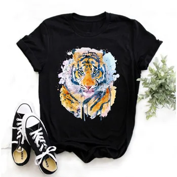 Novi dolazak Majica Funky cool majica s tiger i Lavom Svakodnevni bijela majica kratkih rukava s cartoonish po cijeloj površini Top Majica