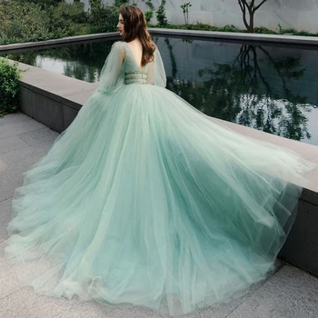 Elegantan тюлевое večernja haljina s dugim rukavima i perle Svijetlo zelene boje 2022 Seksi haljina za prom s V-izrez Трапециевидное večernja haljina za zabave