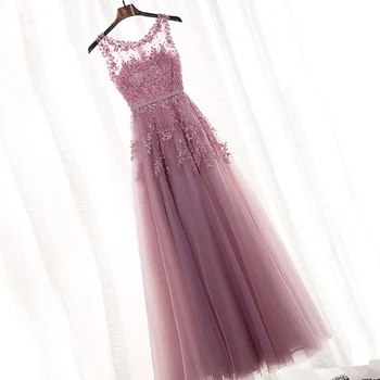 Elegantne ružičasto-ljubičaste haljine djeverušama s okruglog izreza bez rukava Iluzija Čipka aplicirano Izvlačenja Munja vjenčanice za goste prom