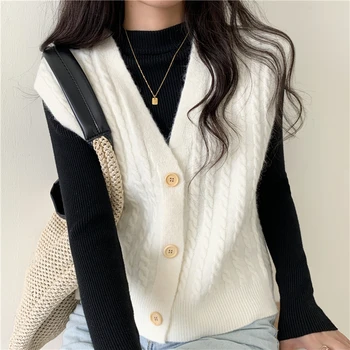 Novi 2021 jesen i zima korejski stil v-izrez u obliku pletene однотонный prsluk bez rukava veste ženski puloveri ženski