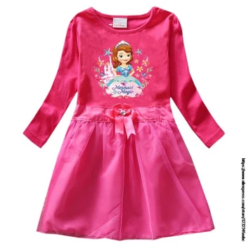 Disney Moderan haljinu za djevojčice, Dječje dječje odjeće Sofija Uzorak Haljina Princeze s dugim rukavima nabrane pamučne Dnevne haljine za zabave, za djevojčice