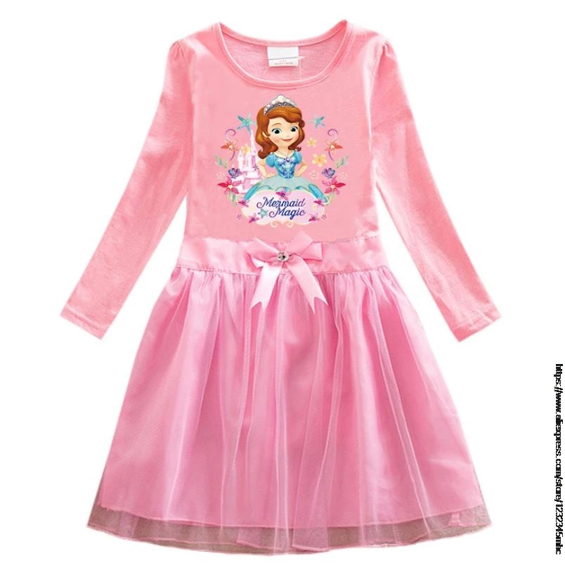 Disney Moderan haljinu za djevojčice, Dječje dječje odjeće Sofija Uzorak Haljina Princeze s dugim rukavima nabrane pamučne Dnevne haljine za zabave, za djevojčice Slika  3