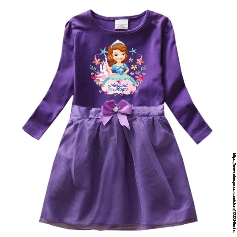 Disney Moderan haljinu za djevojčice, Dječje dječje odjeće Sofija Uzorak Haljina Princeze s dugim rukavima nabrane pamučne Dnevne haljine za zabave, za djevojčice Slika  5