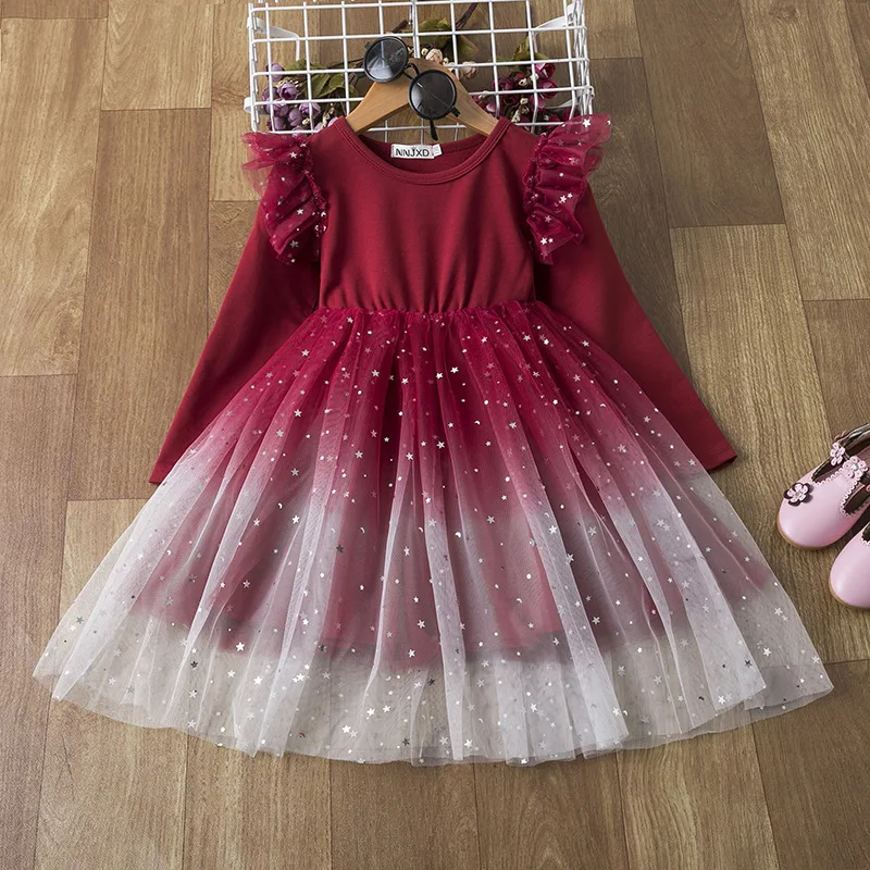 2 Stila Zvjezdano Nebo Gaza haljina Princeze za djevojčice dugi rukav Crno Crvena haljina Večernja suknja Odjeća Modne darove za 5-9 Godina Slika  4