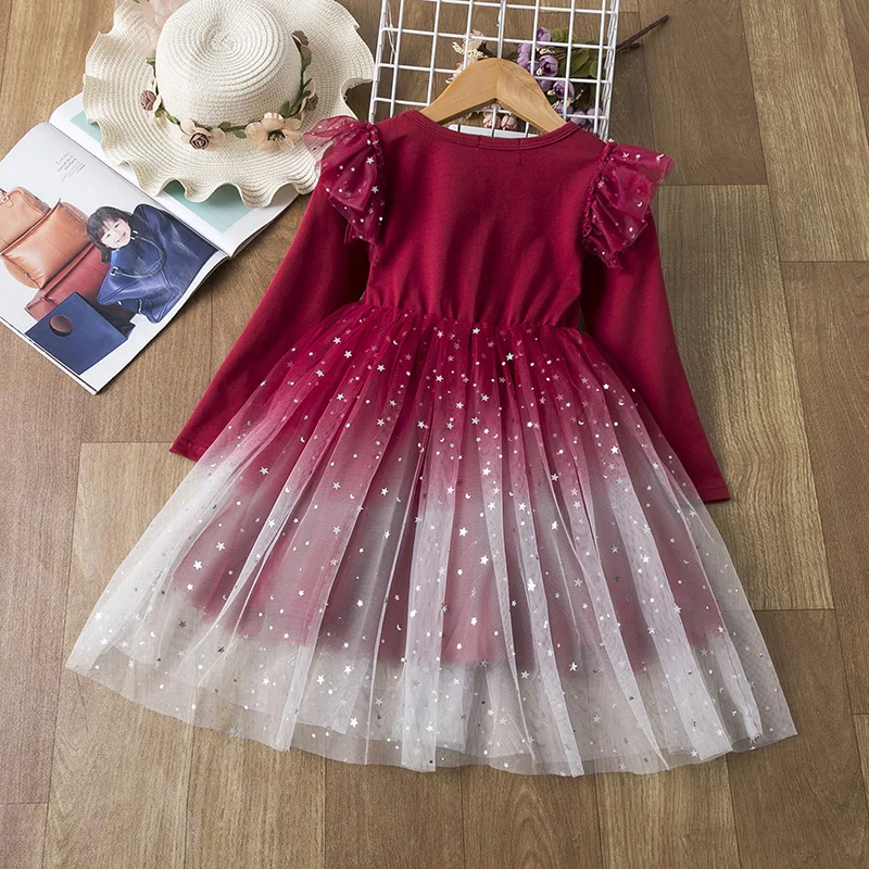 2 Stila Zvjezdano Nebo Gaza haljina Princeze za djevojčice dugi rukav Crno Crvena haljina Večernja suknja Odjeća Modne darove za 5-9 Godina Slika  5