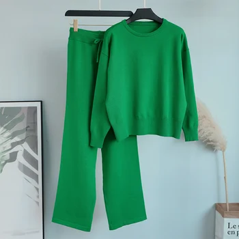 2021 Ravnici pletene Hlače Odijelo za žene Jesen Zima Ženska moda Zelena Odijela od tie Džemper Kompleti iz dva predmeta