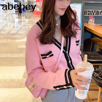 2021 Šik džemper slobodna Ženska gornja odjeća Soft šik vrhovima dlaka na korejskom Retro stilu s V-izrez u kavez pletene cardigan