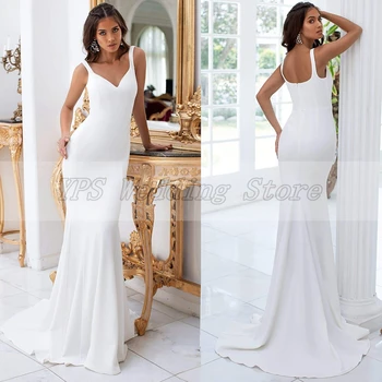 Elegantna bijela večernja haljina od Džerseja dužine do poda Seksi haljina s V-izrez bez rukava na munje straga Sirena Vjenčanica za prom Haljina 2021