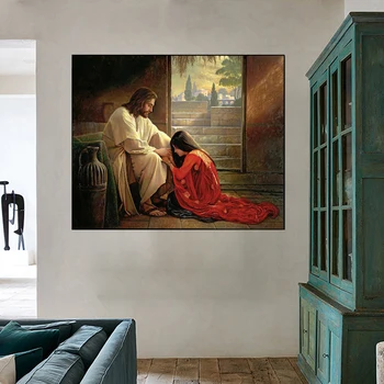 Spasitelj Isus u Crvenoj haljini Djevojka Platnu Slikarstvo Kršćanstvo Plakat i Grafike Zidni Umjetničke Slike za Dnevni boravak Kućni Dekor