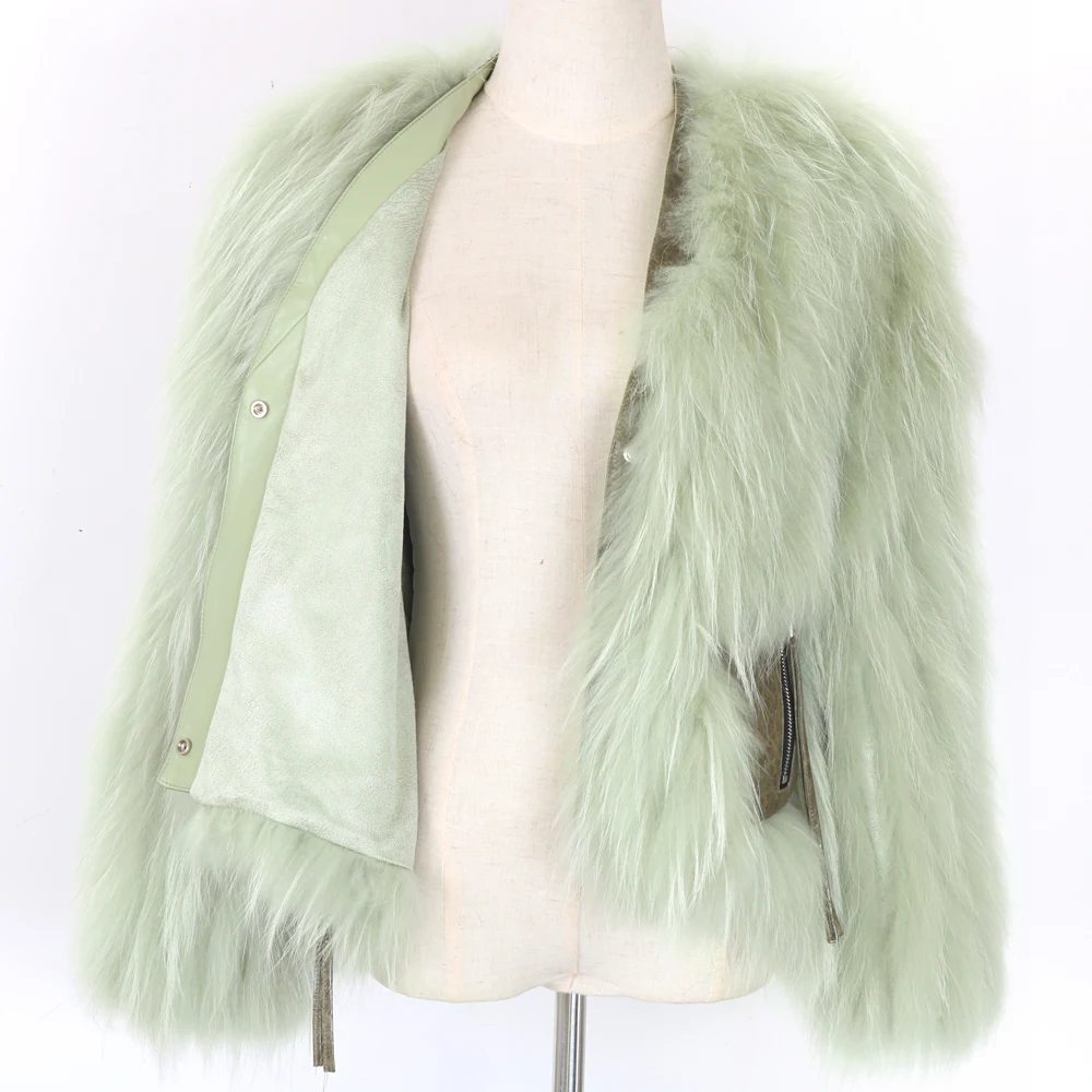 Novi 2021 Luksuzna kratka zimska jakna Za žene kaput od krzna Prirodna koža i krzno rakun Pletene jakne, Krznene debele Tople jesenje Slika  2