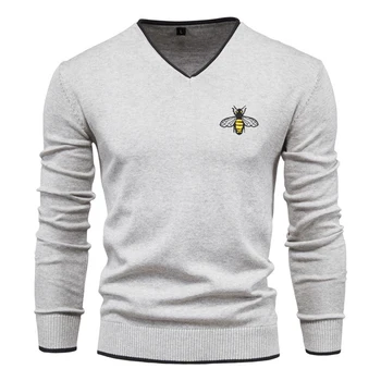 2021 Muški хлопчатобумажный pulover s vezom pčele, pulover s V-izrez, однотонный high-end tanke pletene džemper, zima