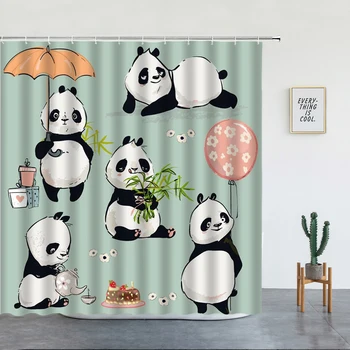 Crtani Film Životinja Panda Zavjese Za Tuširanje Skup Zelenih Bambusa, Biljke Sa Po Cijeloj Površini Dječja Soba Dekor Kupatilo Luksuzni Polyester Ekran Za Kadu