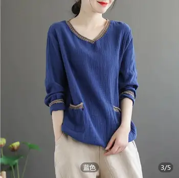 Pamučna majica Dvostruka top retro Šik ravnici majice s V-neck, Korejski slobodna bluzu s dugim rukavima Ženska donja košulja