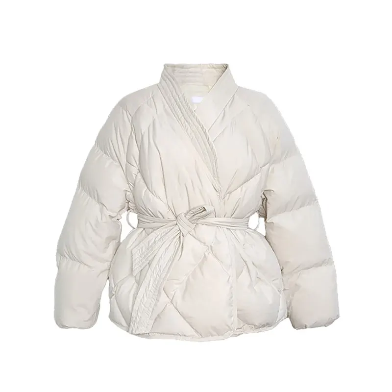 Topla 2020 Ženska zimska monotono jakna s pojasom Ženska visokokvalitetna pokrivač odjeća s V-izrez i pamučnom postavom Elegantna ženska jakna Plus size Slika  5