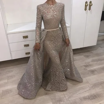 Duge raskošne večernje haljine Sirena 2020 Sjajne duge rukave sa šljokicama Prijenosni kabel Саудовские Arapske žene Večernje haljine