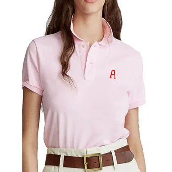 Godišnja ženska polo majica kratkih rukava od pamuka Svakodnevni firma t-shirt s lapels, vezene буквенным logom, tanke prozračne majice, t-komadi