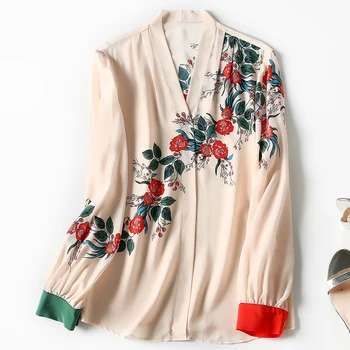 Прерия Smart prirodna svilene ženska košulja Elegantne bluze s V-izrez i dugim rukavima Proljeće i Jesen Ured lady košulje s cvjetnim ispis Vrhovima