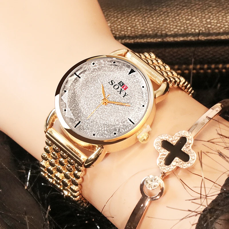 Luksuzni Zlatni sat Ženske kvarcni sat SOXY Mujer Relojes Haljina narukvica od nehrđajućeg čelika ručni sat relogio feminino montre Slika  0