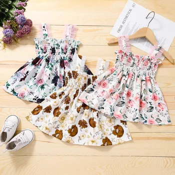 Dječja haljina-слинги s cvjetnim ispis bez rukava s dubokim urezima i visokog struka s volanima za ljetne dnevne haljine za djevojčice