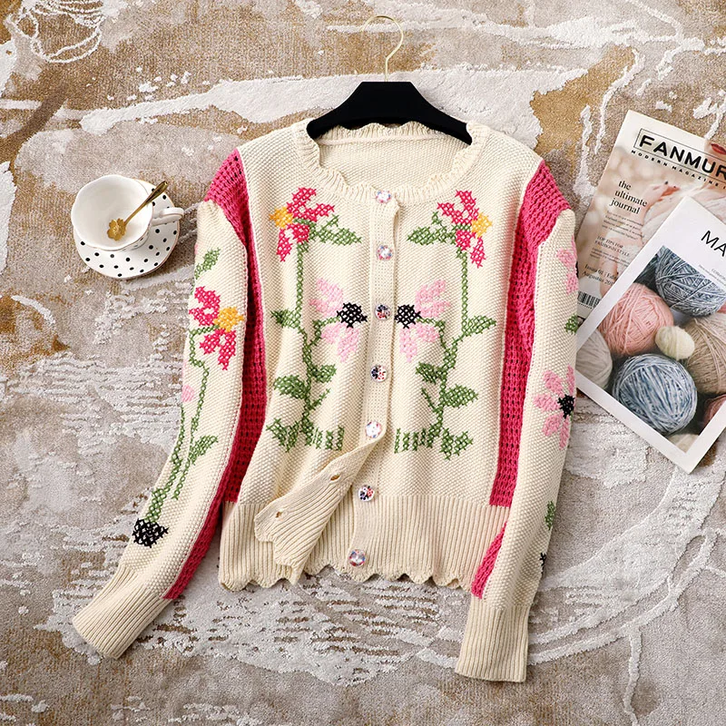 2022 Jesen kardigan Ženski Modni brand s cvjetnog vezom Pink выдалбливают Pletene džemper Pista Ženski Top C-307 Slika  5