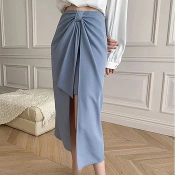 HOUZHOU Elegantna duga suknja Za žene Vintage visokim strukom Asimetrija Šarenilo podjela Seksi suknje s mirisom Ljetnim običan uredski ženske