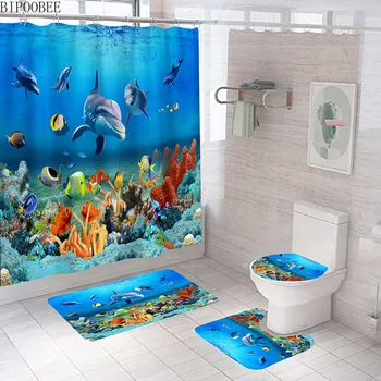 Krajolik Podvodnog svijeta Zavjese za kupaonicu Delfin Riba Zavjese za tuširanje Morske biljke Ocean Đonovi Poklopac za wc Tepih za kupaonicu