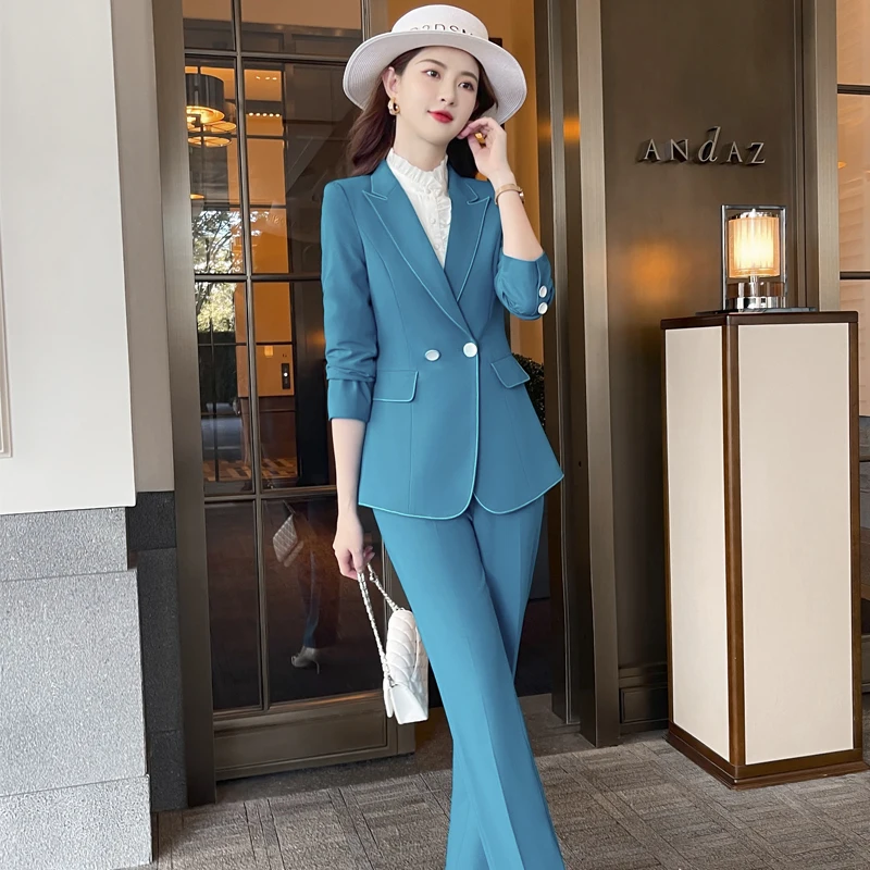 Visokokvalitetna tkanina Jesen Zima Elegantan plave Formalne Ženskih Poslovnih Odijela Stručni Blazers OL Stilova Komplet Hlače Slika  1