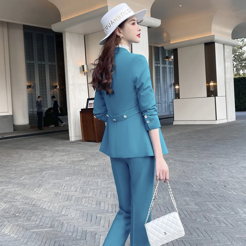 Visokokvalitetna tkanina Jesen Zima Elegantan plave Formalne Ženskih Poslovnih Odijela Stručni Blazers OL Stilova Komplet Hlače Slika  4