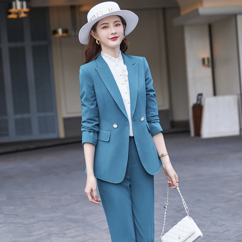 Visokokvalitetna tkanina Jesen Zima Elegantan plave Formalne Ženskih Poslovnih Odijela Stručni Blazers OL Stilova Komplet Hlače Slika  5
