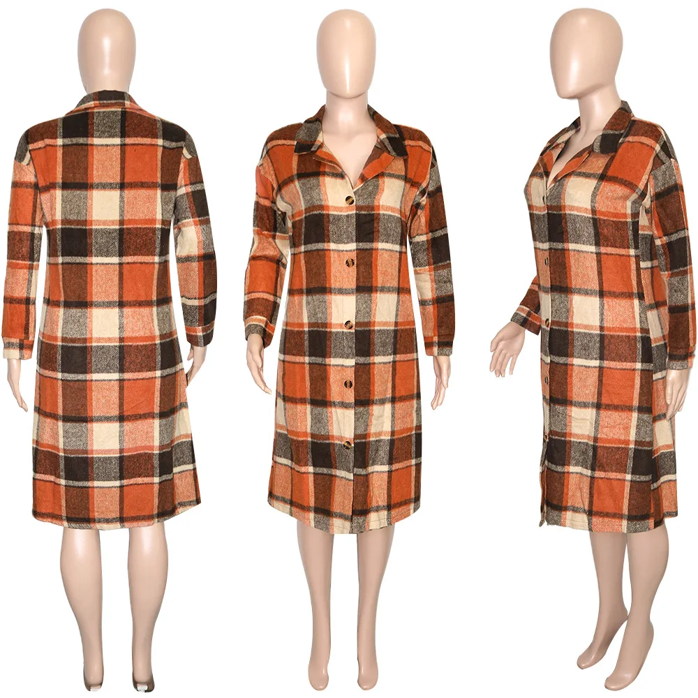 ANJAMANOR Svakodnevno narancasta checkered dugi kaput Ženska zimska odjeća 2021 Modni kariranih jakne Kardigan odjeća D43-EA65 Slika  1