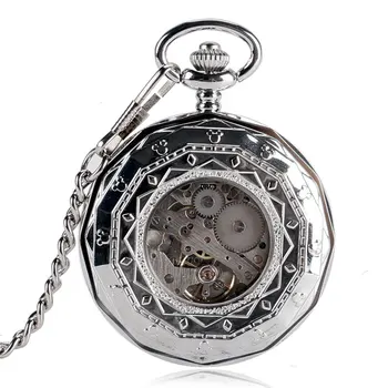 Luksuzni Nepravilnog Srebro Mehanički džepni sat otvoren i ručni vjetrom s lancem Za muškarce i žene Dar P2036C