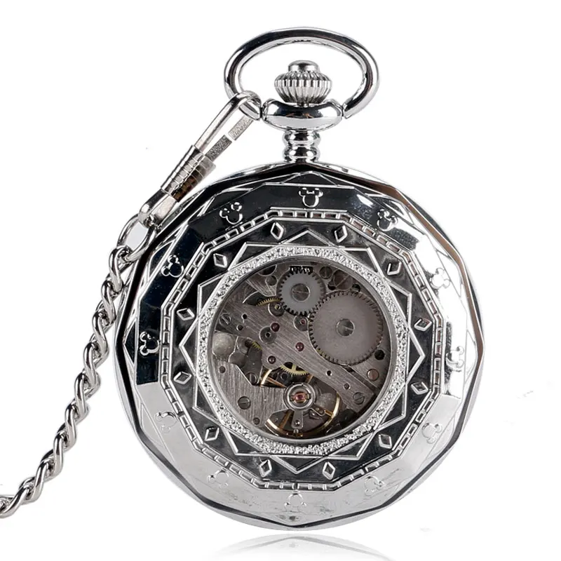 Luksuzni Nepravilnog Srebro Mehanički džepni sat otvoren i ručni vjetrom s lancem Za muškarce i žene Dar P2036C Slika  0