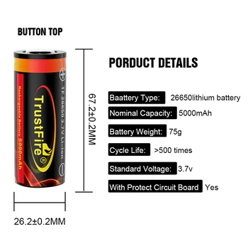 TrustFire 26650 5000 mah Litij Baterija 3,7 U Litij-ion Punjiva Baterija velikog Kapaciteta Sa zaštitom je Pogodan za svjetiljku
