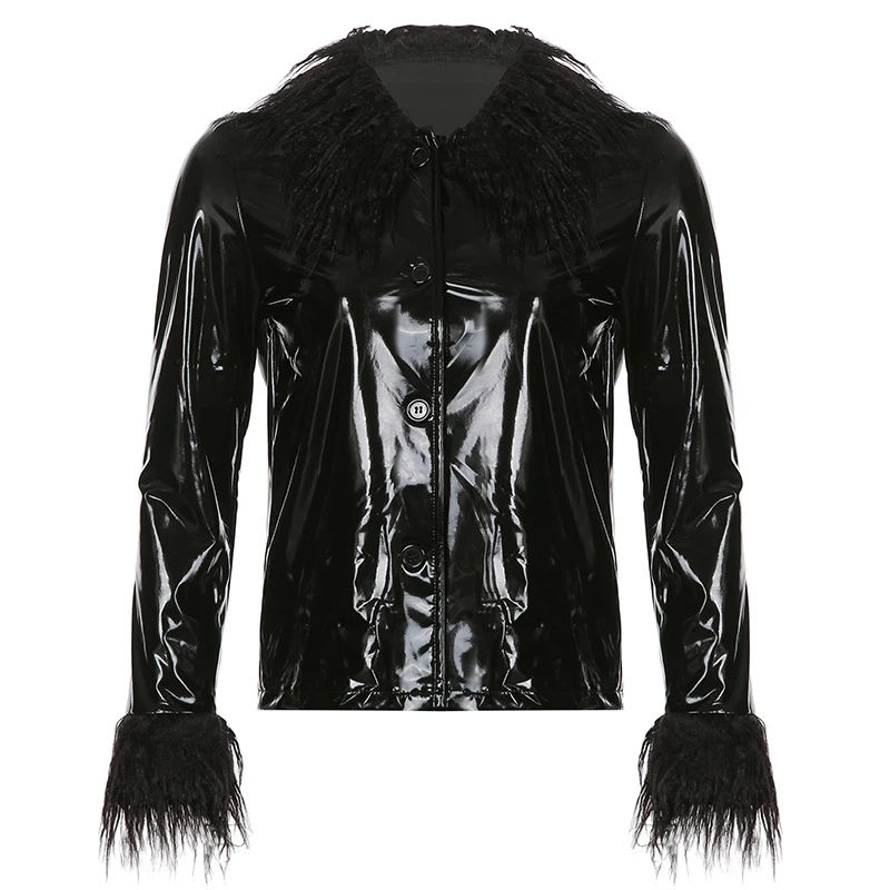 Darlingaga Uličnu odjeću u stilu punk Funky jakna od umjetne kože Ženska jesensko-zimski kaput od umjetnog krzna s gumbima u patchwork stilu Jakne kaputi Slika  2