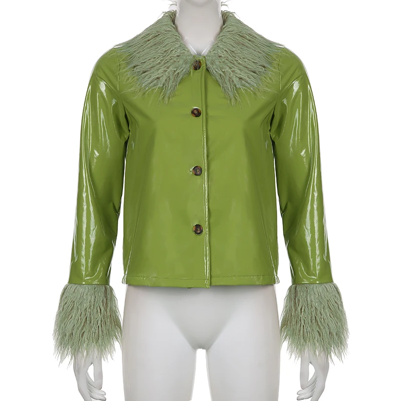 Darlingaga Uličnu odjeću u stilu punk Funky jakna od umjetne kože Ženska jesensko-zimski kaput od umjetnog krzna s gumbima u patchwork stilu Jakne kaputi Slika  4