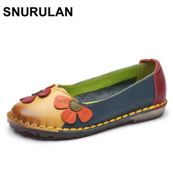 SNURULAN Ljeto Jesen Moda Cvjetni dizajn Cijele čarapa Pomiješan boje Cipele na ravnim potplatima Vintage Prirodna koža Ženske cipele na ravne cipele za djevojčice mokasinke