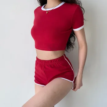 Kratke hlače TVVOVVIN Kit s okruglog izreza t-Shirt kratki rukav+kratke hlače Svakodnevni sportski trening odijelo Žensko godina tanak seksi Korejski ženski 9POK