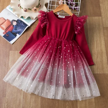 Šljokice dugih rukava Odjeća za djevojčice Jesen-zima Dječje haljine za djevojčice Princeza rođendan Loptu haljina-svežanj Dječja odjeća