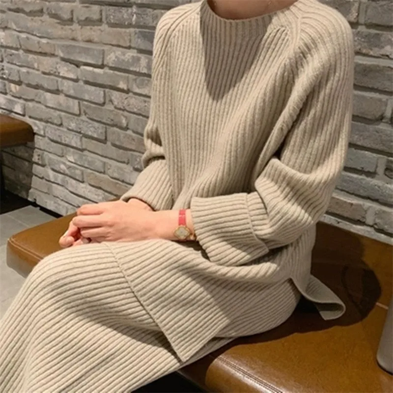 2021 Jesensko-zimskom ženski ca tople pletene pulover, džemper, običan kostime iz dva predmeta + Kit вязаных ravne hlače s visokim strukom Slika  1