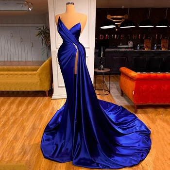 Kraljevsko plava večernja haljina Seksi V-izrez bez rukava s perlicama, naborima, visokim prorezom, Dugim vlak, Večernje haljine, Haljine za maturalnu večer