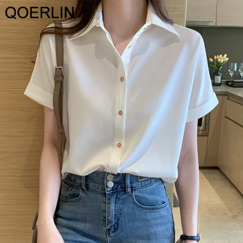 QOERLIN Formalne ženske košulje u stilu OL za ljeto Plus Size Šik elegantan gumbe Bijele majice Majice S-2XL Bluzu kratkih rukava