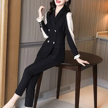 Ženska moda ured za odijevanje Двубортный blazer s elastičan struk Hlače Kit Berba džepa s dugim rukavima Kaputa Čvrste hlače odijelo