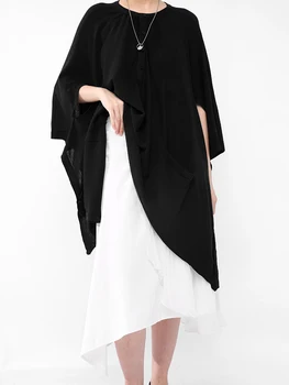 [EAM] Ženska crna kratka, duga majica veličine s okruglog izreza i rukava tri četvrtine, Moderan plima Proljeće Ljeto 2022 JR48201